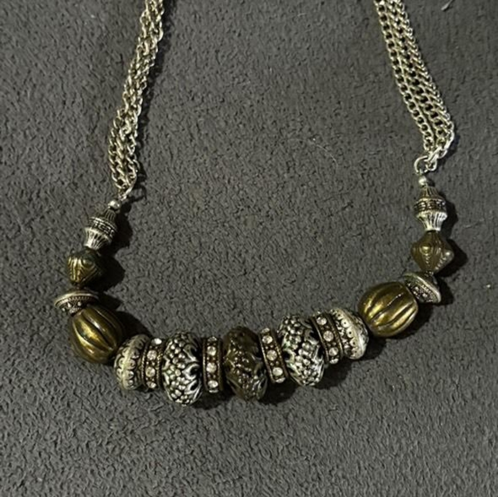 Elegant Silver and Aged Gold Beaded Necklace